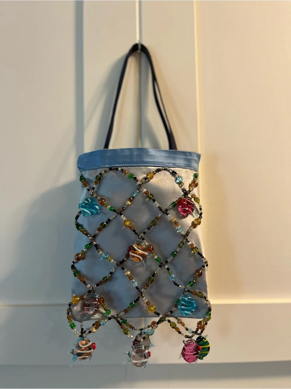 Renaud Pellegrino one of a kind Blue Satin Beaded Fish Charm Pouch
